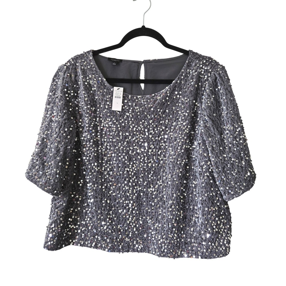 NWT Talbots Womens L Gray Sequin Short Sleeve Party Top Silver Formal